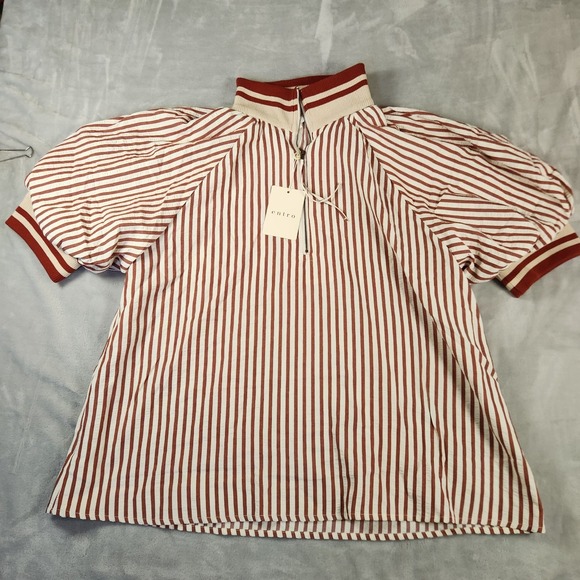 entro Tops - Entro Presley Striped Puff Sleeve Top Short Sleeve Women 1X Preppy Old Money